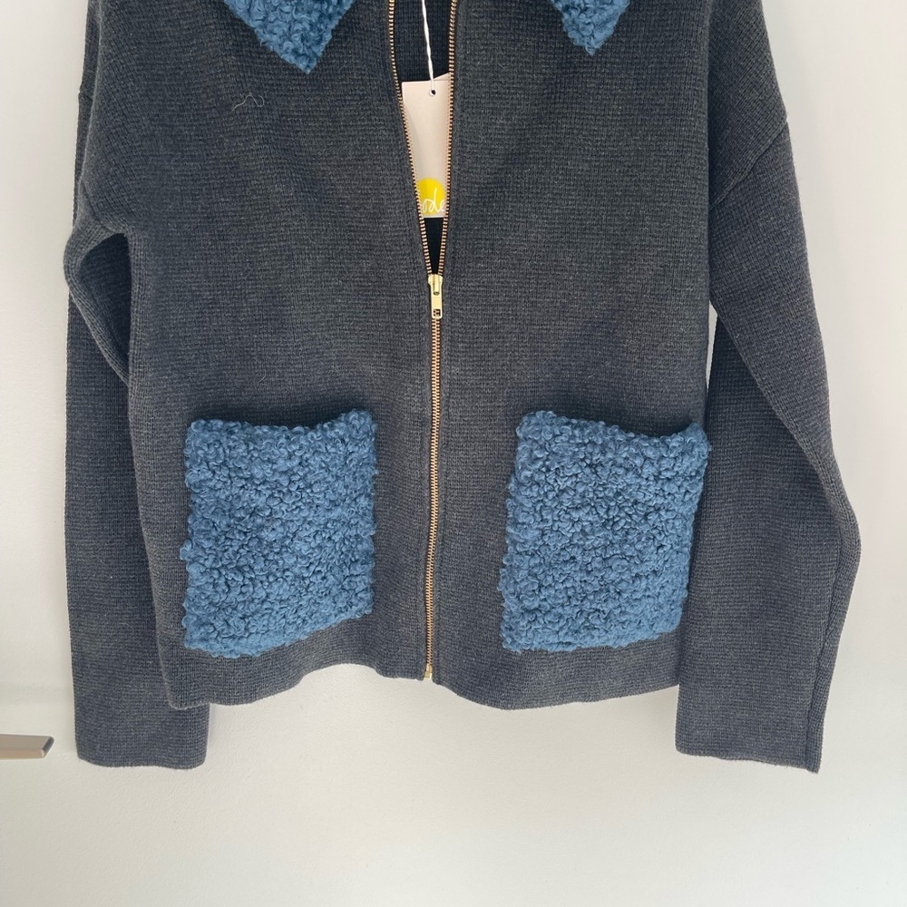 BODEN Cozy Grey Jacket with Blue Teddy Accents - Picture 2 of 7